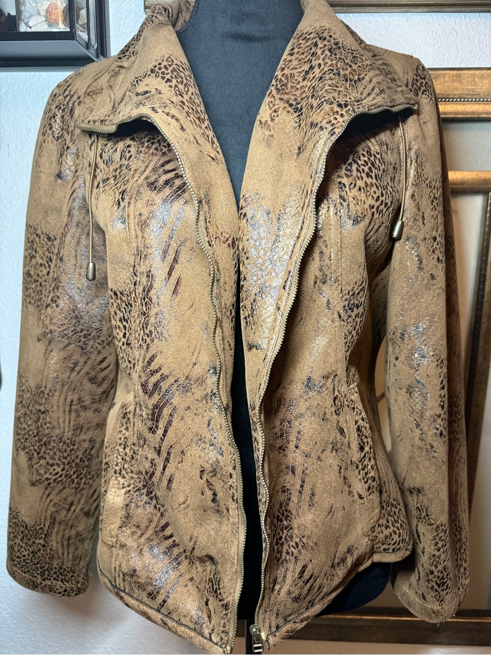 Ruby Rd. Faux Suede Metallic Animal Print Zip Jacket •Size 14• Tan Brown L/XL